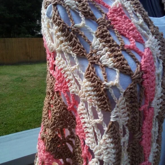 Handed Crafted Crochet Shawl, Color Tan, Cream and Coral, One size fit most. - Picture 3 of 6